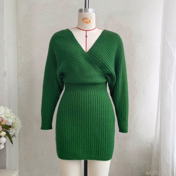 Dresses & Skirts - V-Neck long Sleeve knit Dress, Sweater Dress, Mini Sweater Dress Elegant Dress